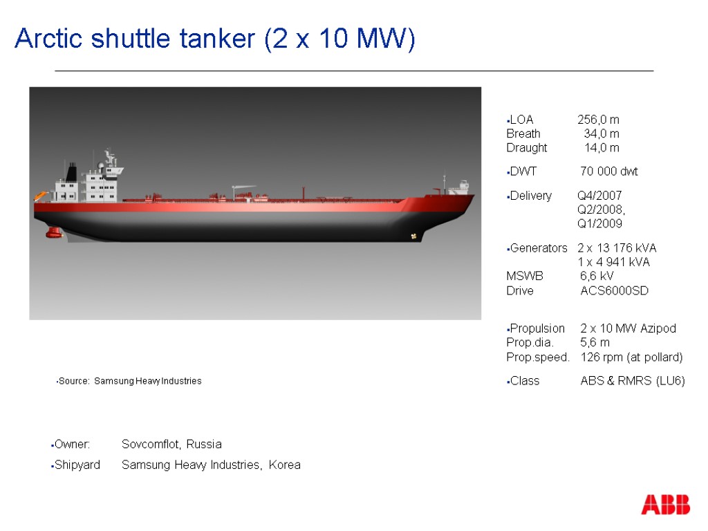 Arctic shuttle tanker (2 x 10 MW) Owner: Sovcomflot, Russia Shipyard Samsung Heavy Industries,
